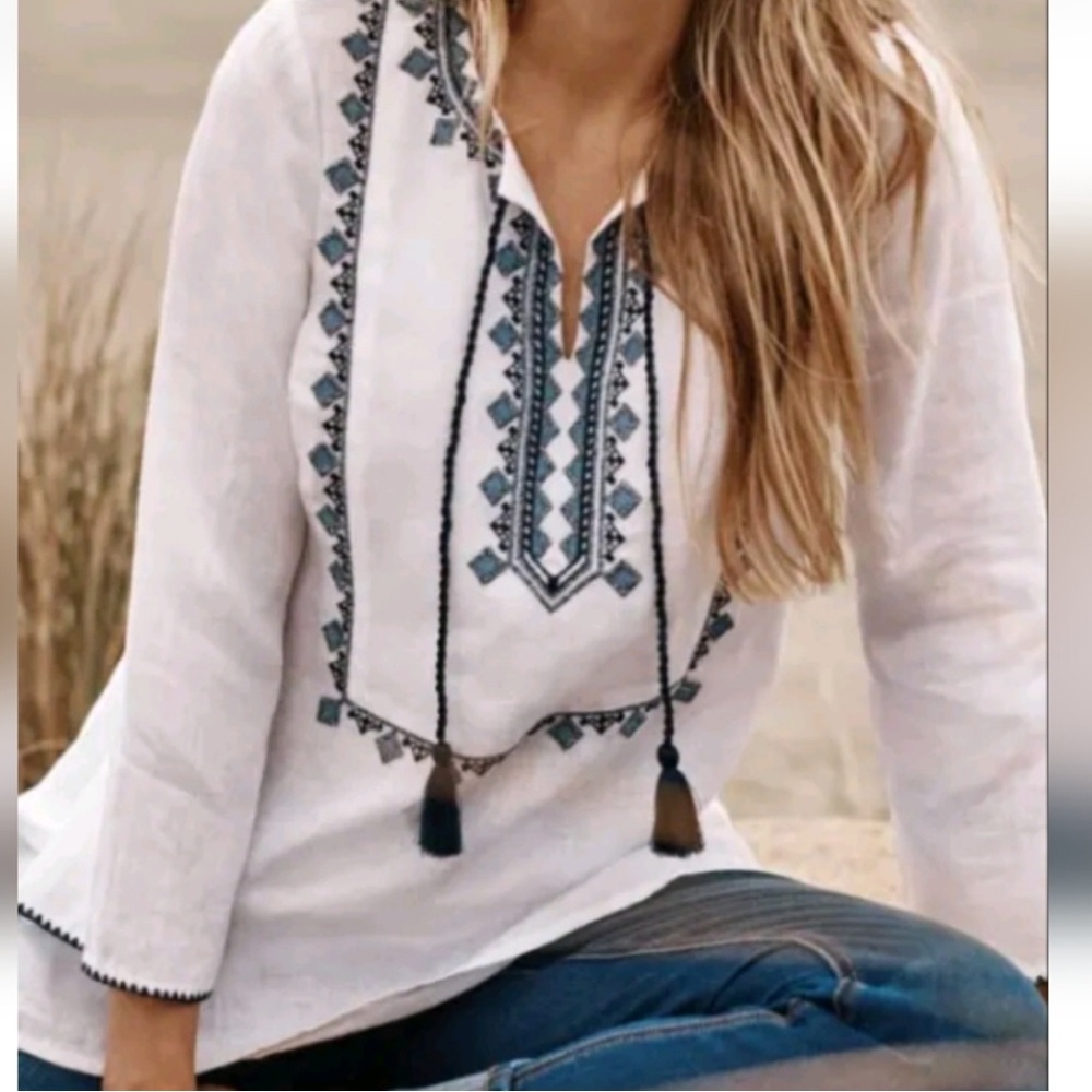 J. Jill Love Linen White Blue Tassel Tie Embroidered Tunic Top Plus Size 3X